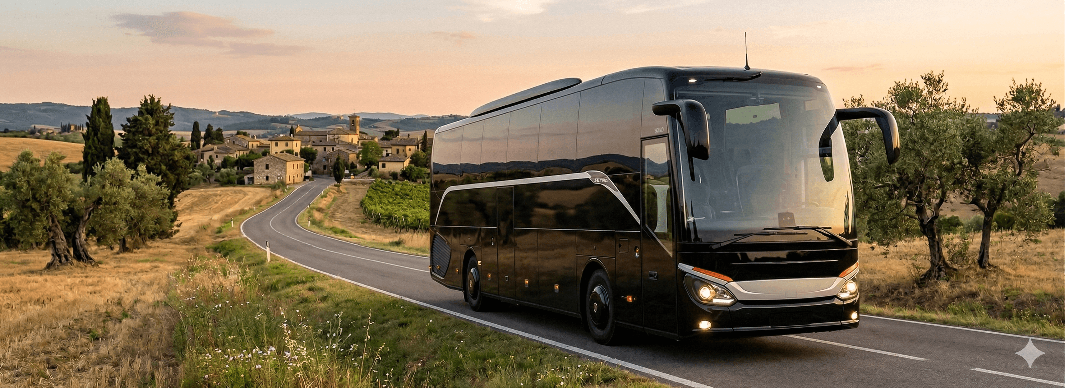 Luxury touring coach on a scenic European countryside road at sunset