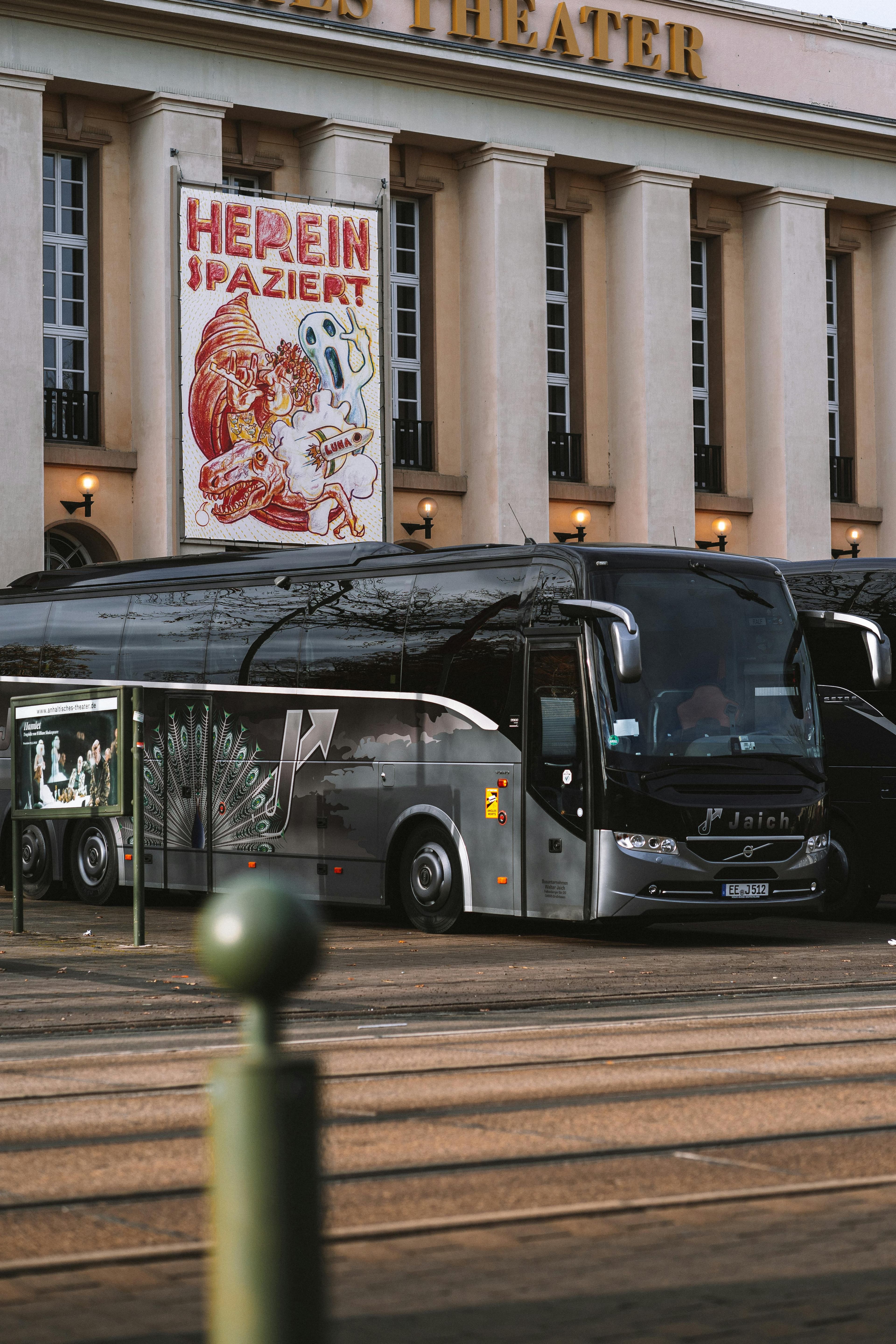 Touring coach parked in a European city centre