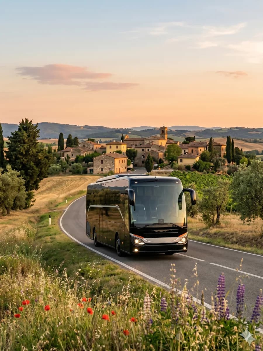 Touring coach driving through scenic mountain roads in Europe