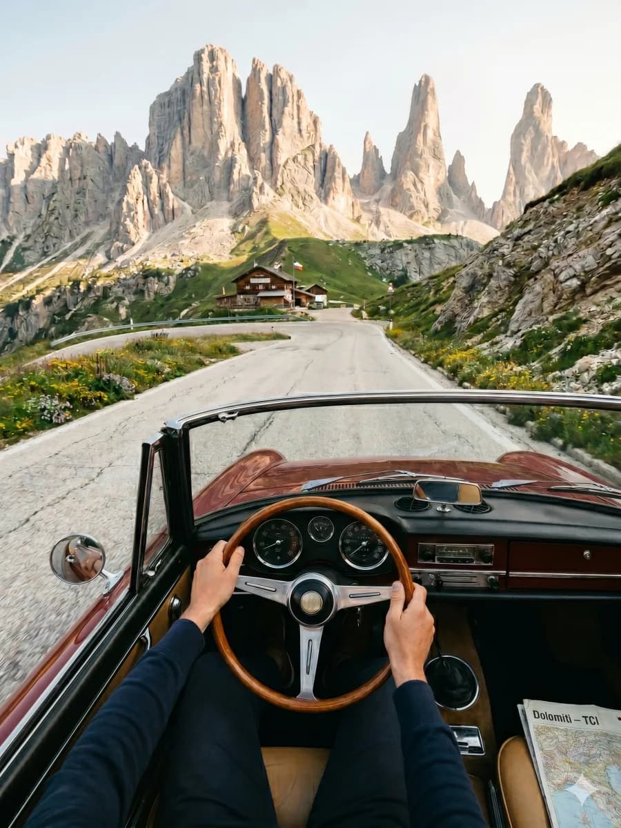 Classic convertible on a Dolomites mountain road, driver perspective