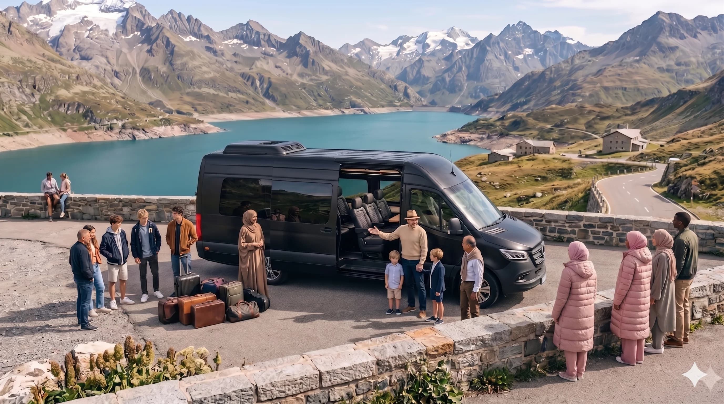 Group outside a Mercedes Sprinter on a European trip