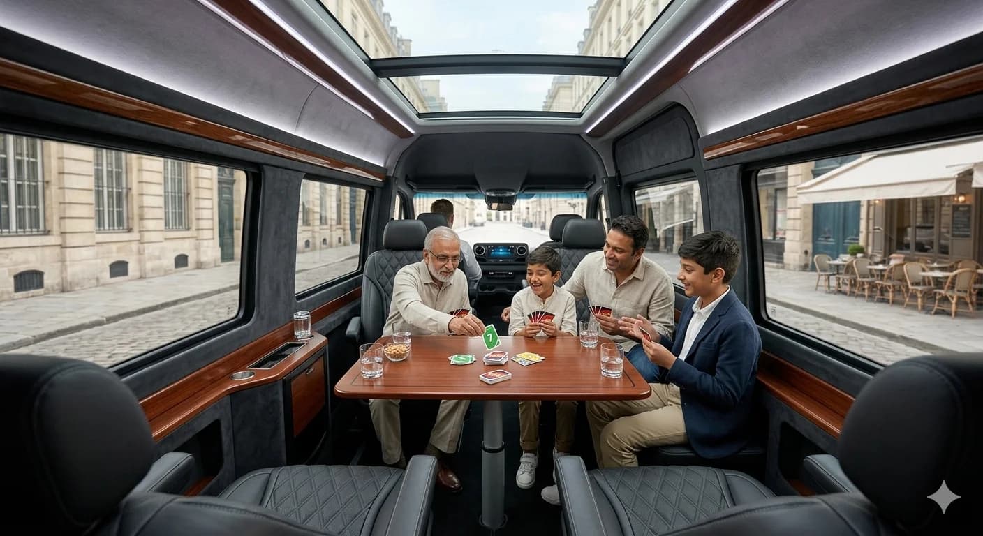 Multigenerational family with a Mercedes Sprinter on a European trip