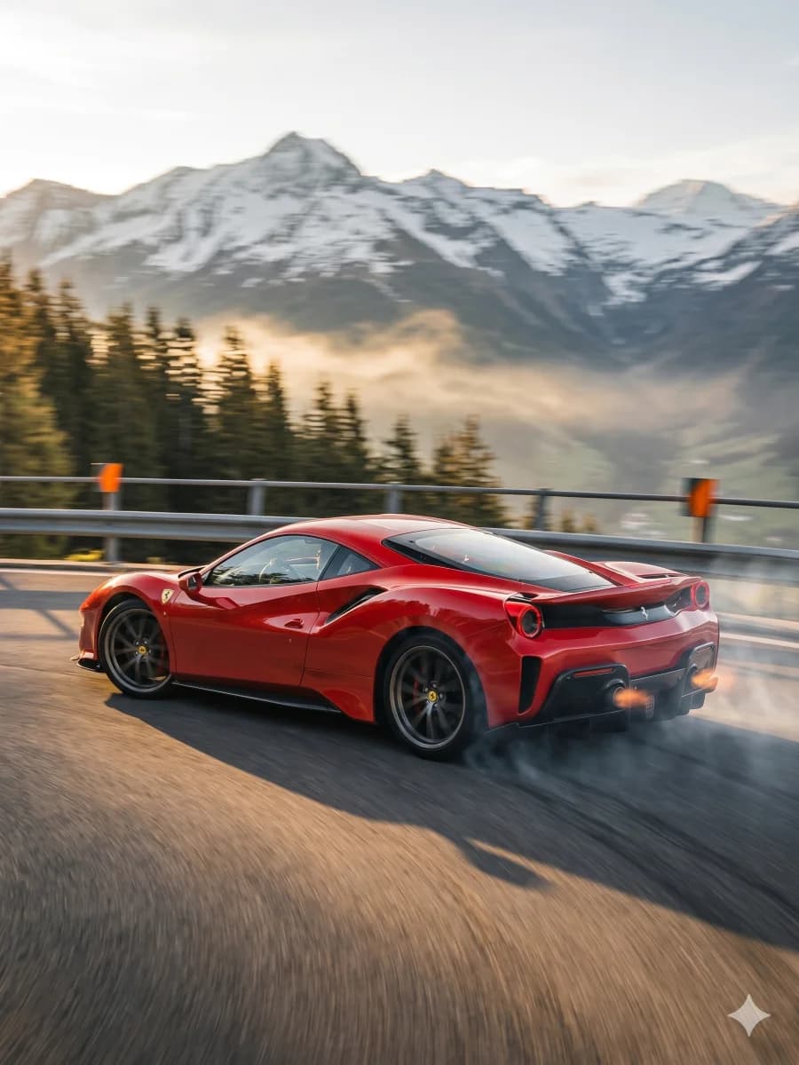 Ferrari 488 Pista cornering on a European mountain road