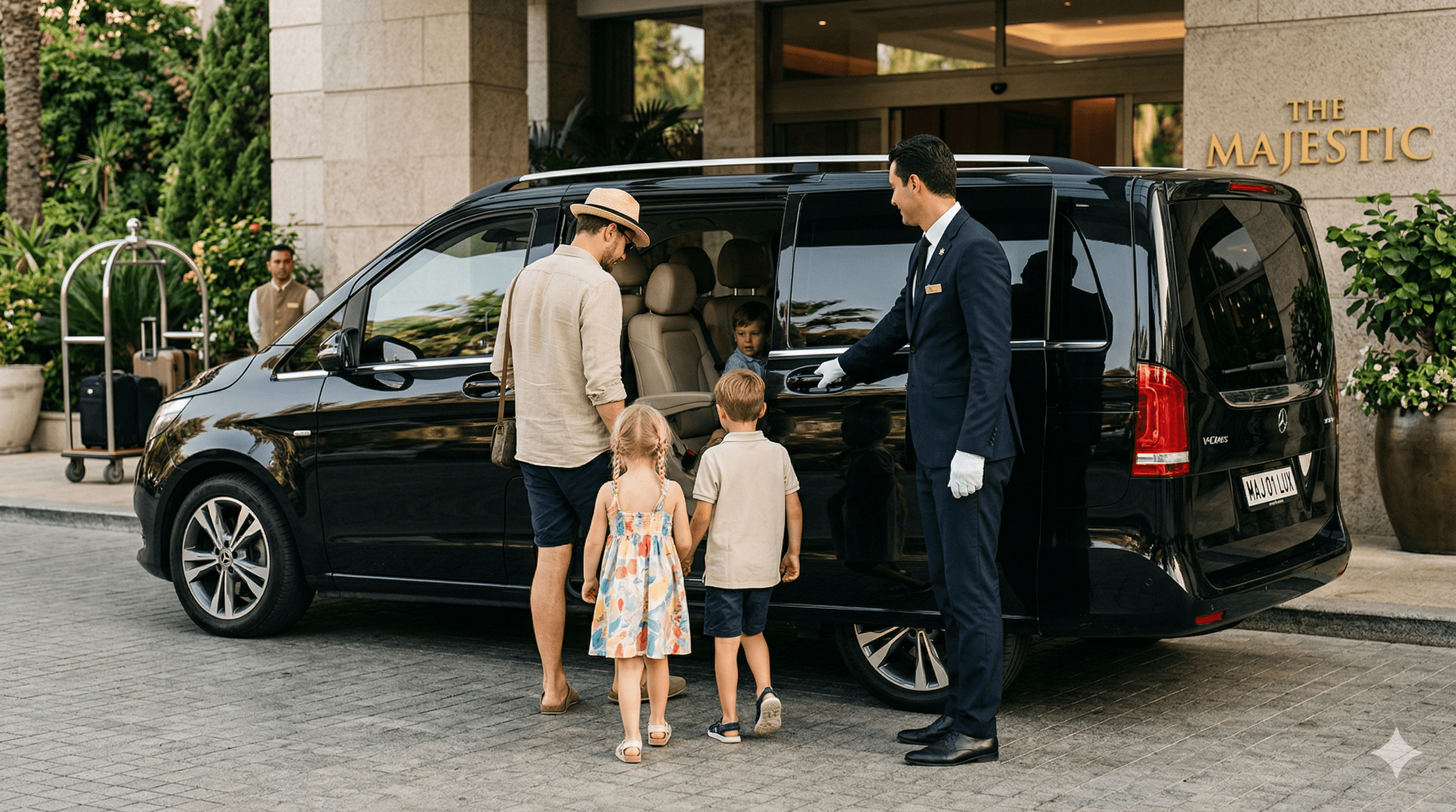 Family with young children being greeted by a chauffeur at a luxury European hotel beside a Mercedes V-Class