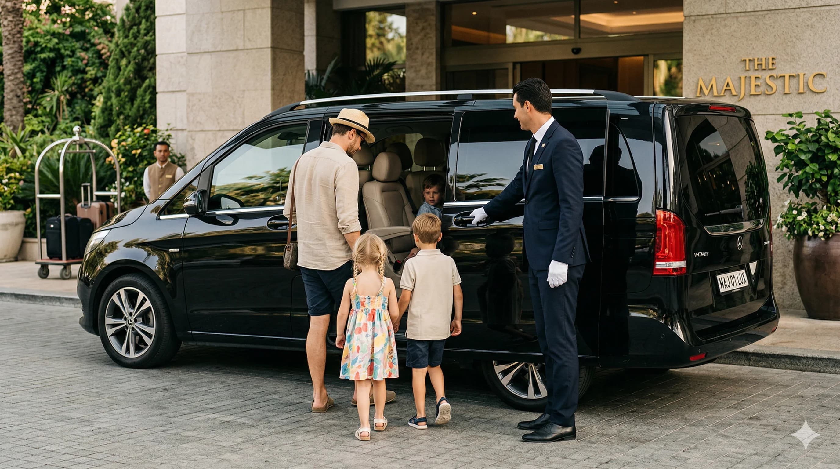 Family with young children being greeted by a chauffeur beside a Mercedes V-Class