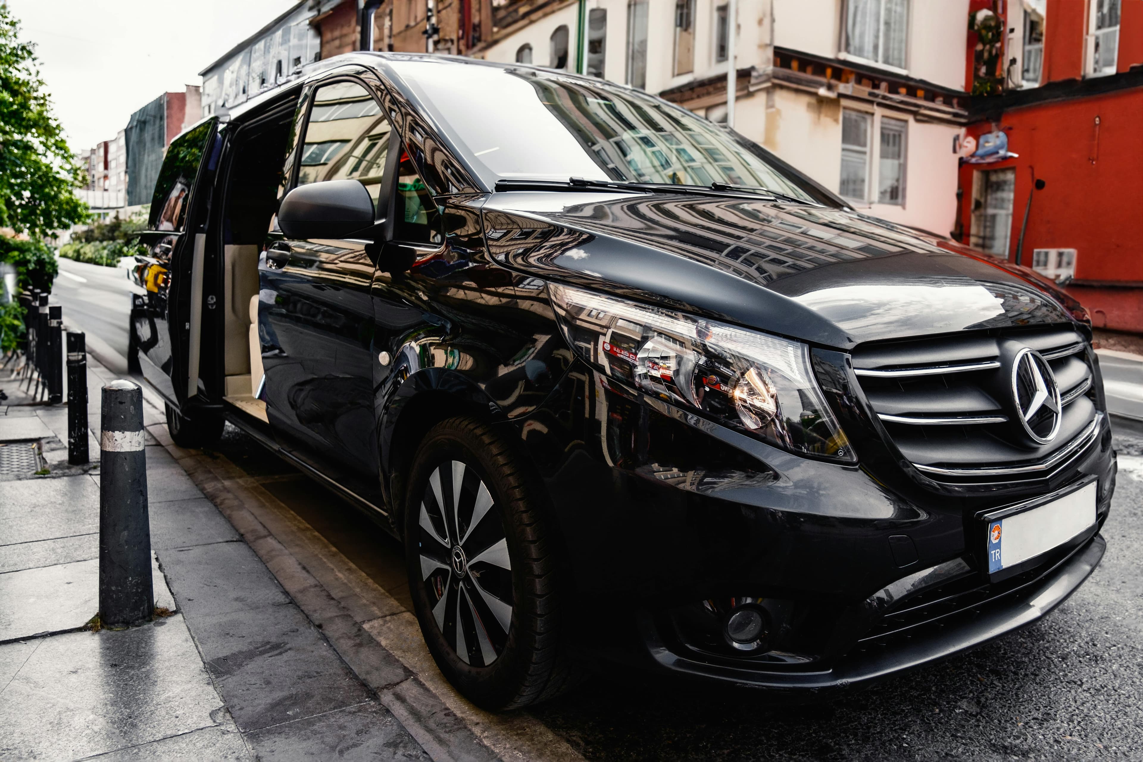 Black Mercedes V-Class luxury vehicle ready for chauffeured travel